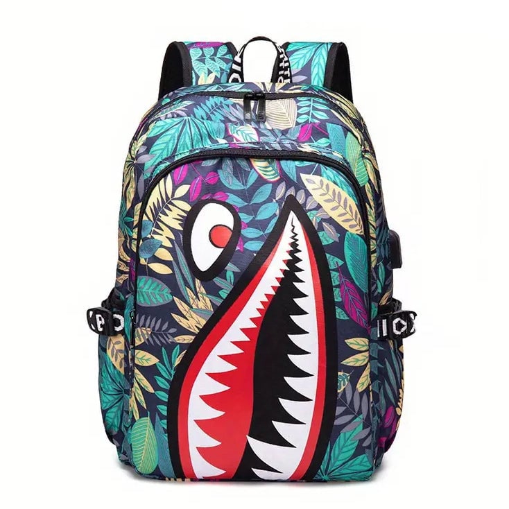 Shark Patterned Nylon Student Backpack Image 3