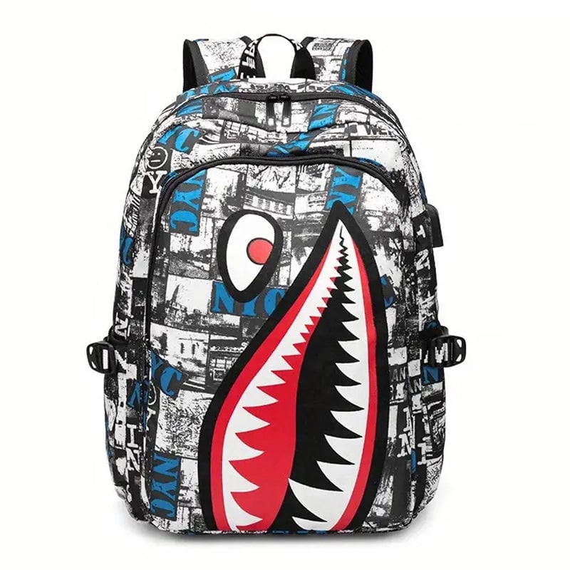 Shark Patterned Nylon Student Backpack Image 4