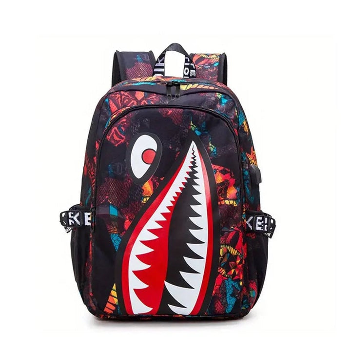 Shark Patterned Nylon Student Backpack Image 4