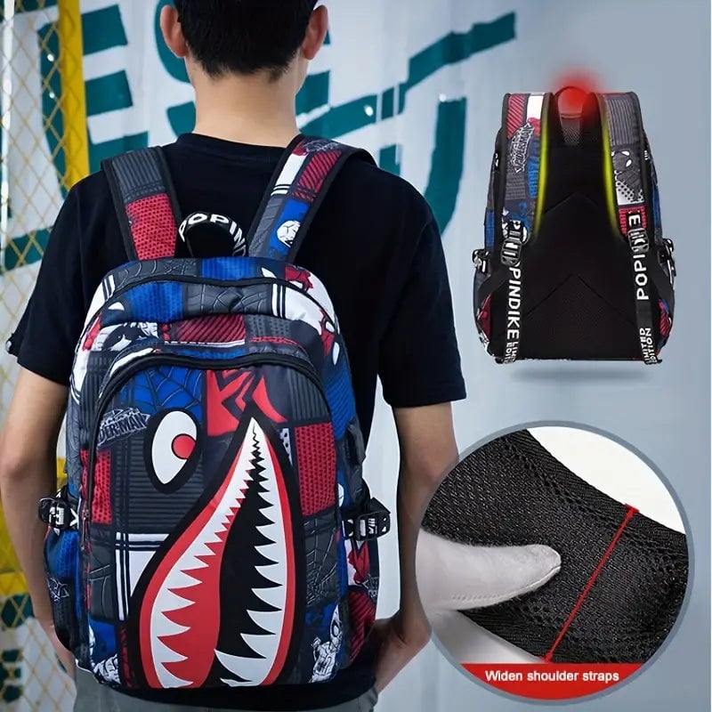 Shark Patterned Nylon Student Backpack Image 6