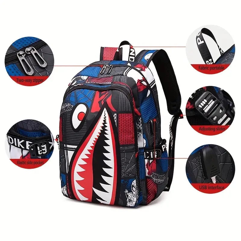 Shark Patterned Nylon Student Backpack Image 7