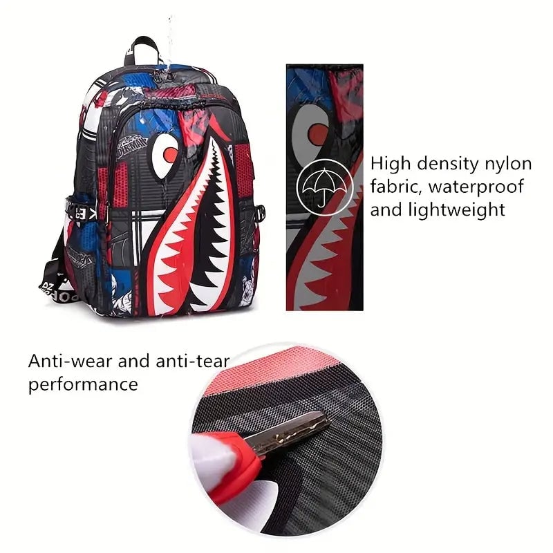 Shark Patterned Nylon Student Backpack Image 8