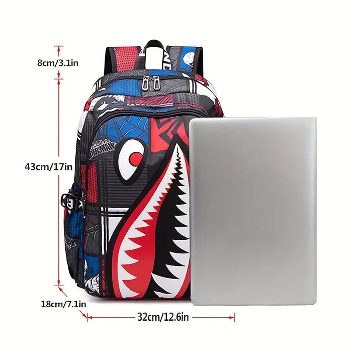 Shark Patterned Nylon Student Backpack Image 9