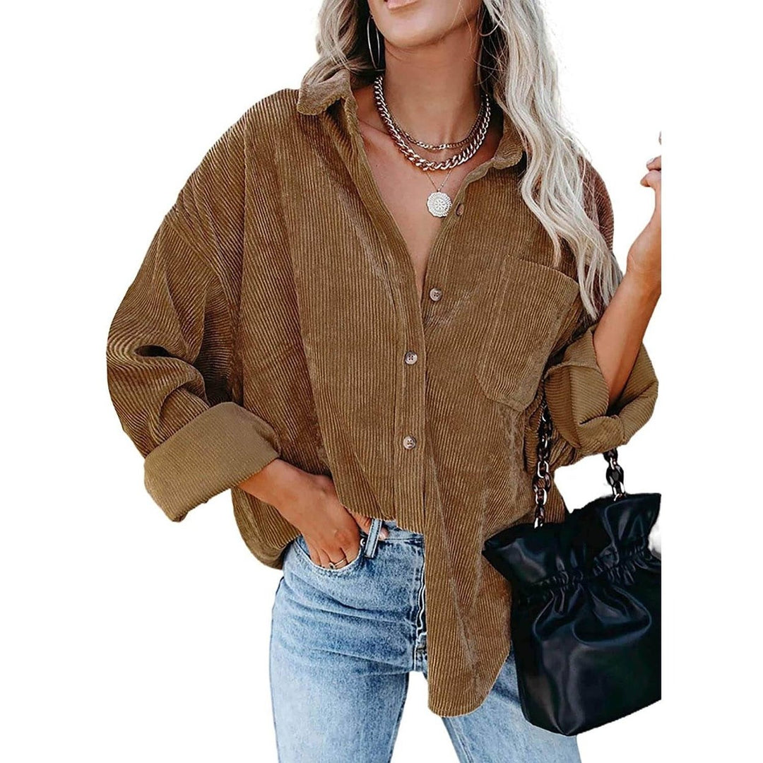 Sidefeel Women Corduroy Long Sleeve Button Down Shirt Oversized Jacket Tops Image 2