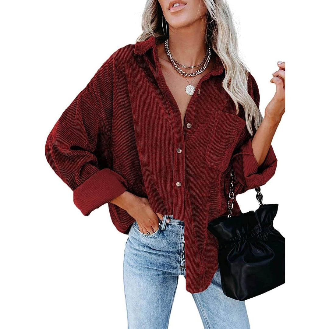 Sidefeel Women Corduroy Long Sleeve Button Down Shirt Oversized Jacket Tops Image 3