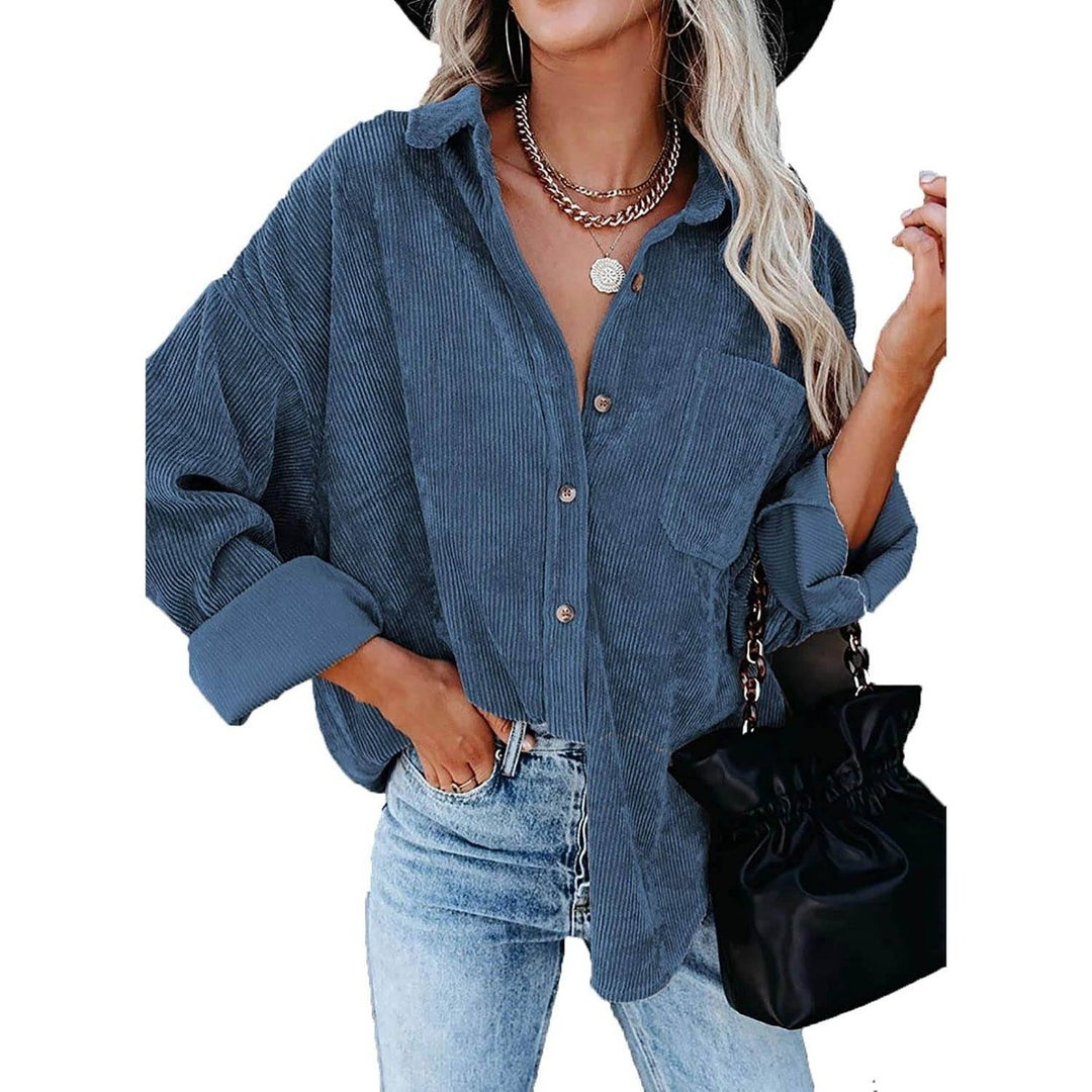 Sidefeel Women Corduroy Long Sleeve Button Down Shirt Oversized Jacket Tops Image 4