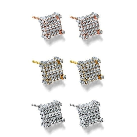 Silver Micro Pave Stud Earrings Clear Square 3D Sidestones Image 1