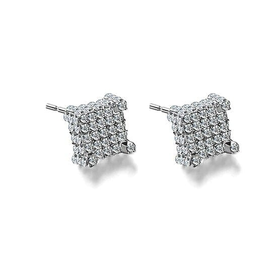 Silver Micro Pave Stud Earrings Clear Square 3D Sidestones Image 3