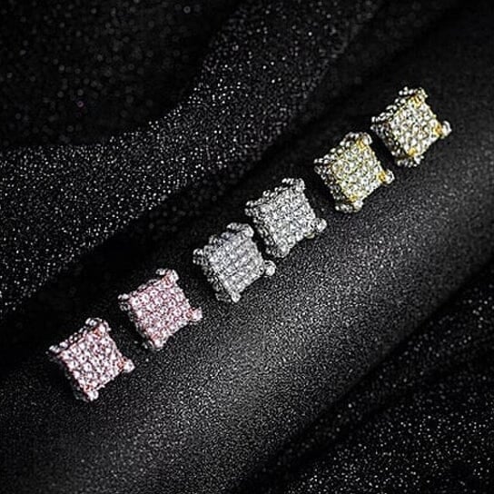 Silver Micro Pave Stud Earrings Clear Square 3D Sidestones Image 4