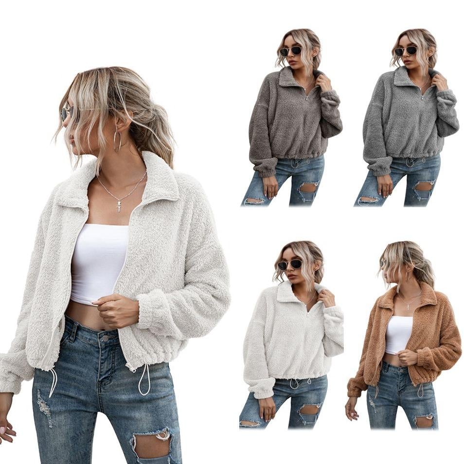 Solid Drawstring Hem Crop Teddy Jacket Image 1