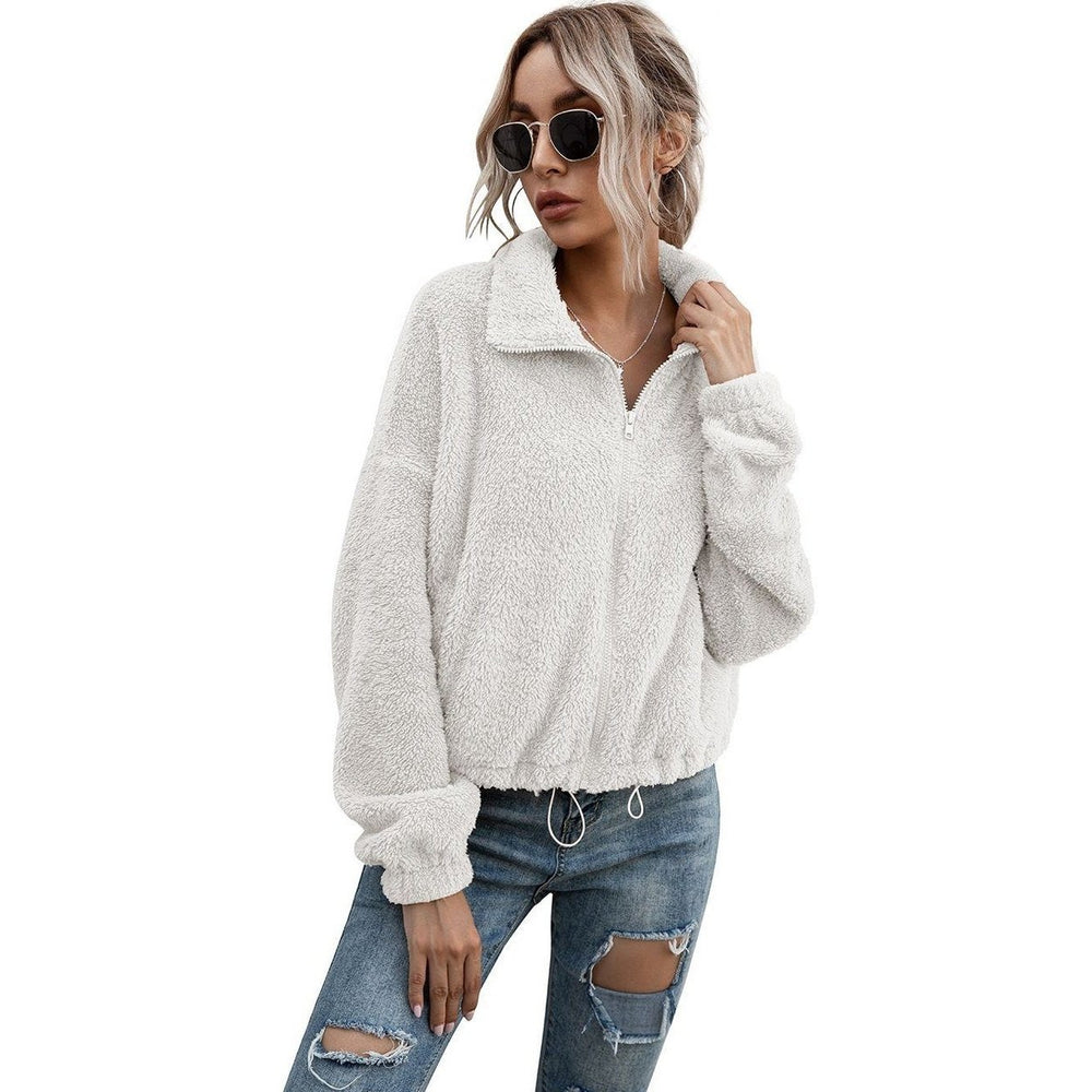 Solid Drawstring Hem Crop Teddy Jacket Image 2