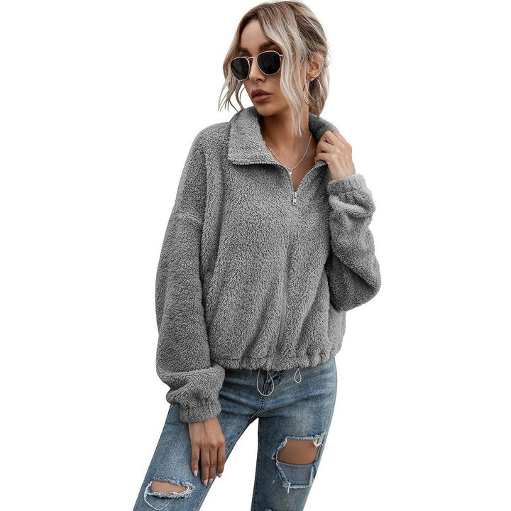 Solid Drawstring Hem Crop Teddy Jacket Image 3