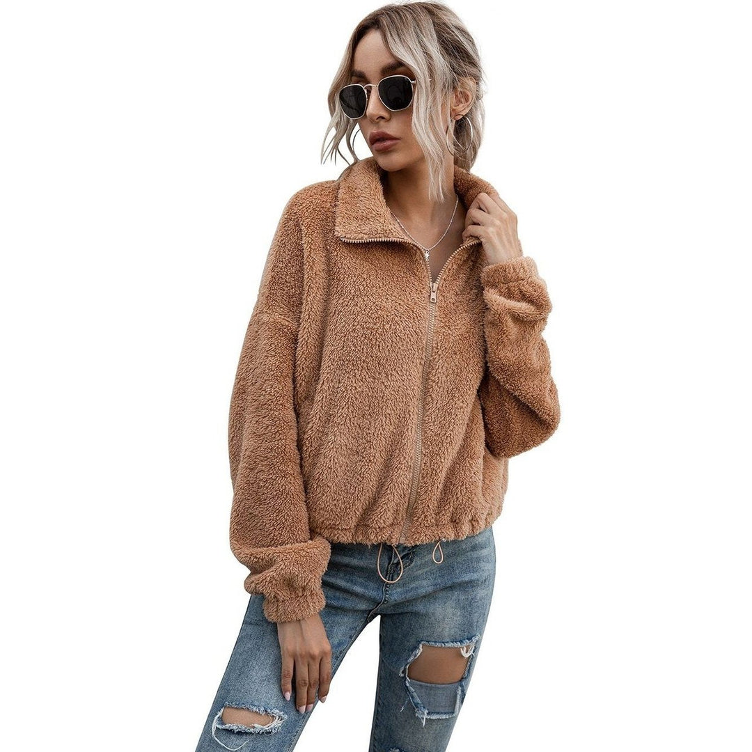 Solid Drawstring Hem Crop Teddy Jacket Image 4