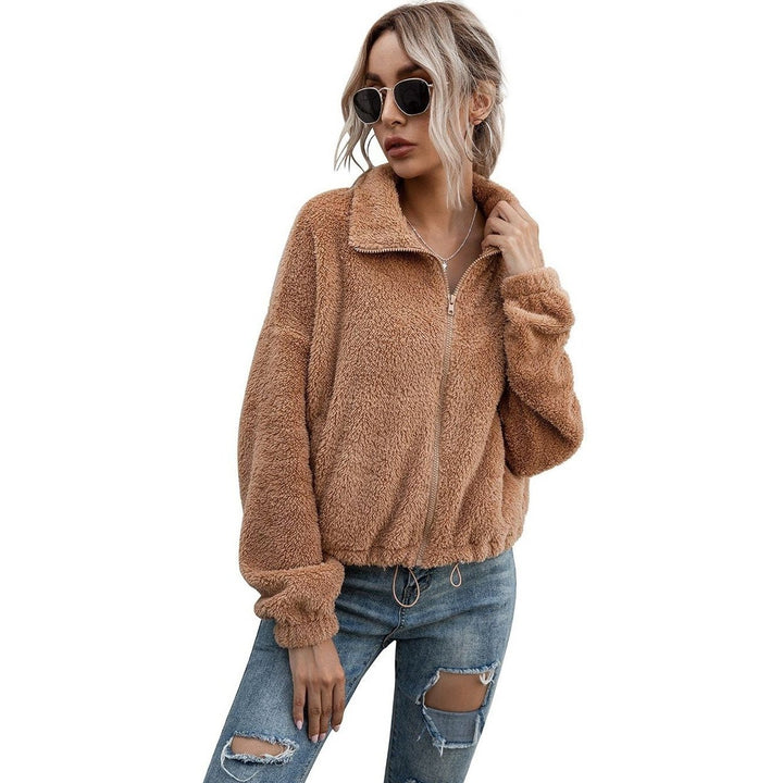 Solid Drawstring Hem Crop Teddy Jacket Image 1