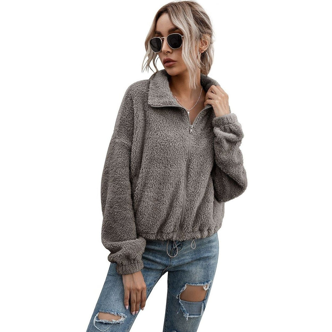 Solid Drawstring Hem Crop Teddy Jacket Image 4