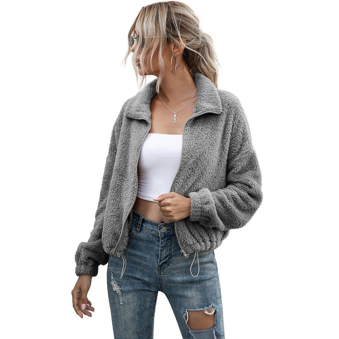 Solid Drawstring Hem Crop Teddy Jacket Image 9