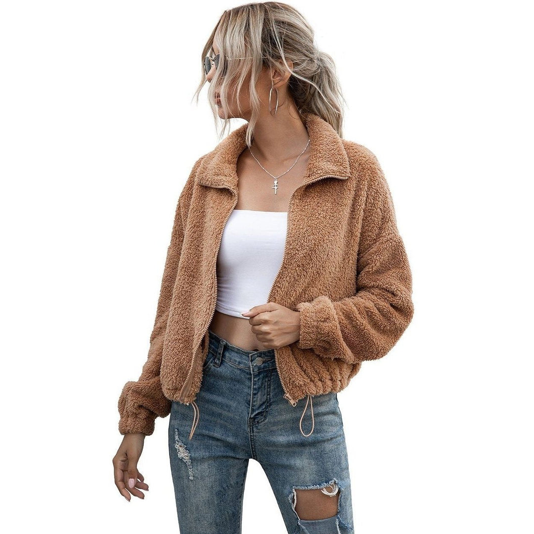 Solid Drawstring Hem Crop Teddy Jacket Image 12