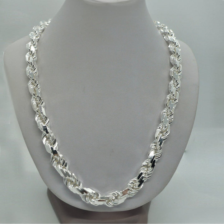 Solid 925 Sterling Silver Italian Rope Chain Mens Necklace 9mm - Diamond Cut Image 1