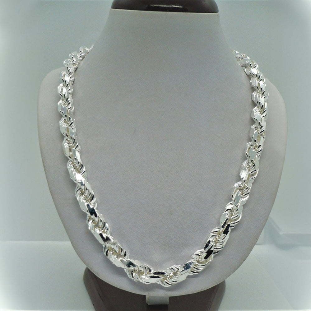 Solid 925 Sterling Silver Italian Rope Chain Mens Necklace 9mm - Diamond Cut Image 2