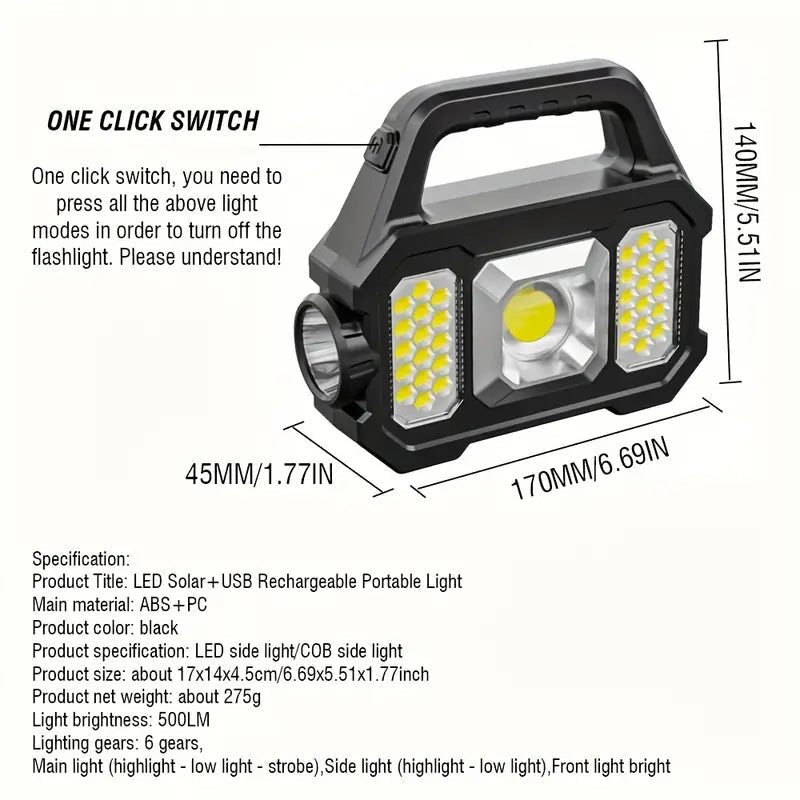 Solar Portable Flashlight and Handheld Searchlight with Side Lights Image 10