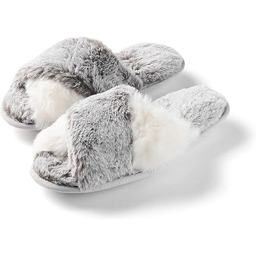 Roxoni Womens Cross Band Soft Furry Slipper 2 Tone Color Cozy Warm Comfy Slip On Image 1