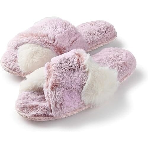 Roxoni Womens Cross Band Soft Furry Slipper 2 Tone Color Cozy Warm Comfy Slip On Image 4