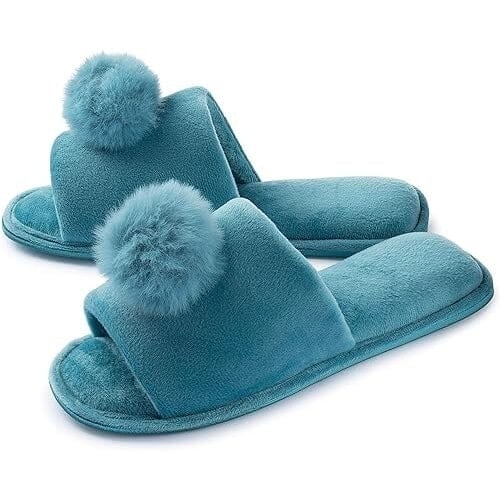 Roxoni Womens Slippers Lovely Velvet Pom-Pom Open Toe House Slides Image 1