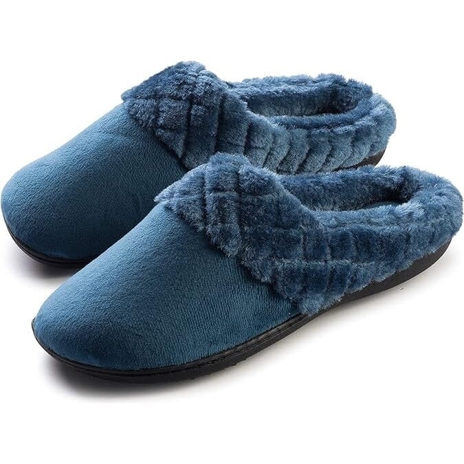 Roxoni Womens Velour Slippers Memory Foam Clog Quilted Faux faux Collar Image 2