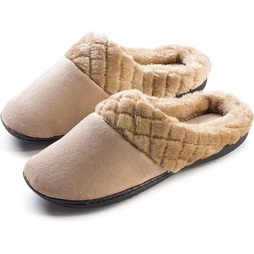 Roxoni Womens Velour Slippers Memory Foam Clog Quilted Faux faux Collar Image 4