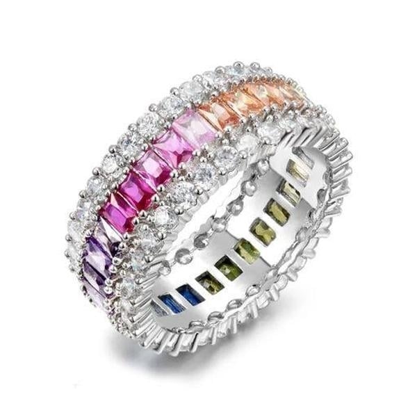 Sterling Silver Emerald Cut Rainbow Prong Eternity Band Image 2