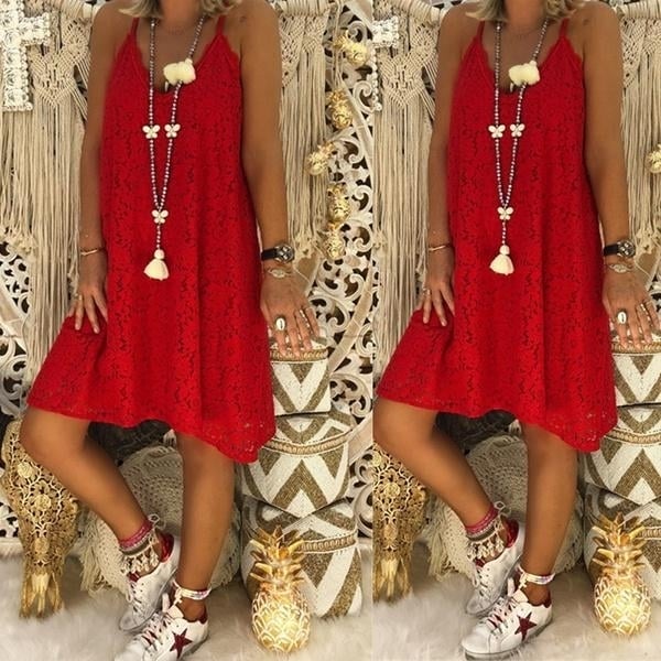 Summer Womens Loose V-neck Sling Sleeveless Dress Image 4