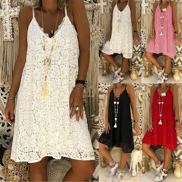 Summer Womens Loose V-neck Sling Sleeveless Dress Image 4