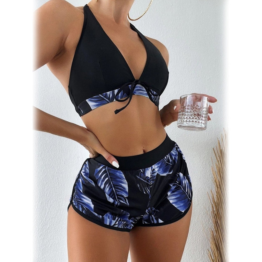 Tropical Print Halter Bikini Swimsuit with Swim Short Image 1