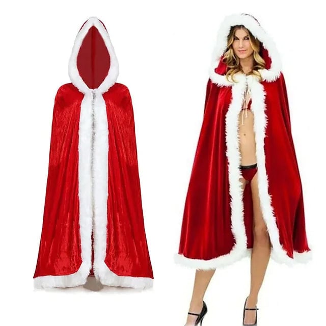 Velvet Hooded Cape Cloak Santa Cosplay Christmas Costumes Women Image 1