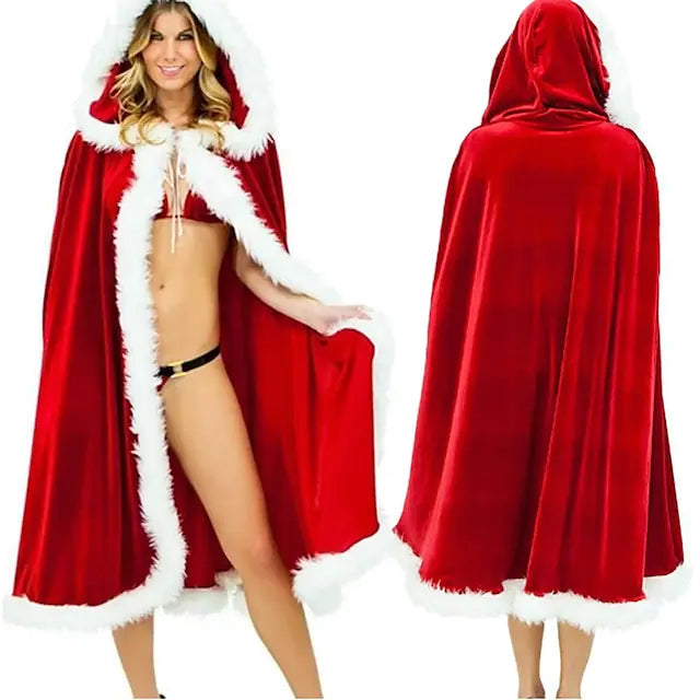 Velvet Hooded Cape Cloak Santa Cosplay Christmas Costumes Women Image 4