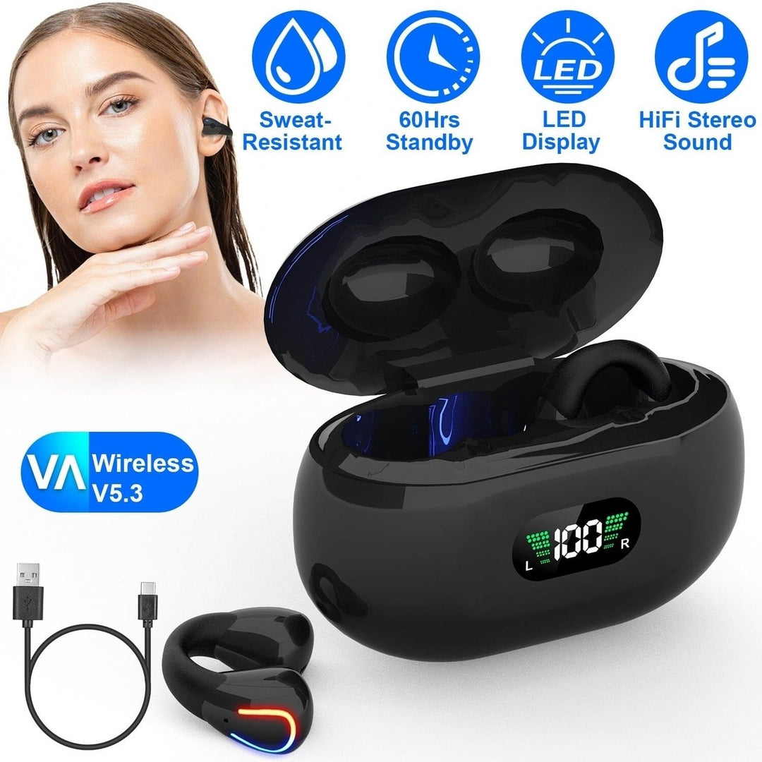 Wireless v5.3 Earbuds Clip-on Open TWS Earphones with Built-in Mic LED Charging Display Case Image 7