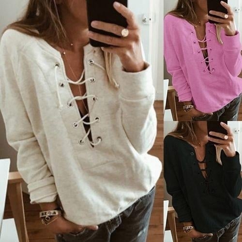 Womens Fashion Lace Up Deep V-neck Casual Long Sleeves Image 1