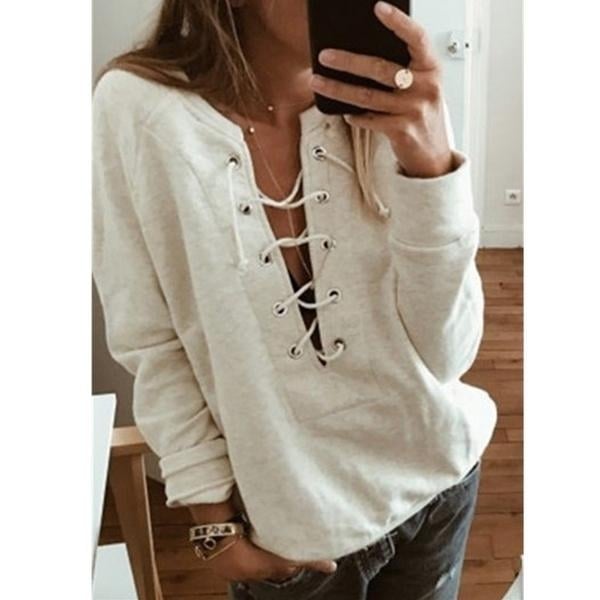 Womens Fashion Lace Up Deep V-neck Casual Long Sleeves Image 2