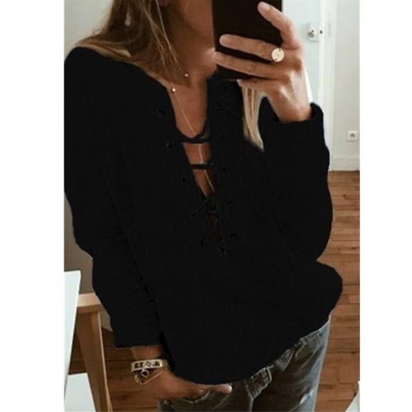 Womens Fashion Lace Up Deep V-neck Casual Long Sleeves Image 3