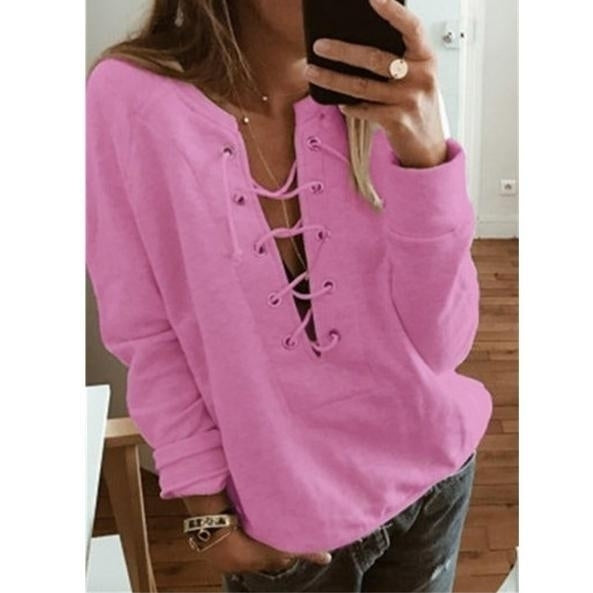 Womens Fashion Lace Up Deep V-neck Casual Long Sleeves Image 4