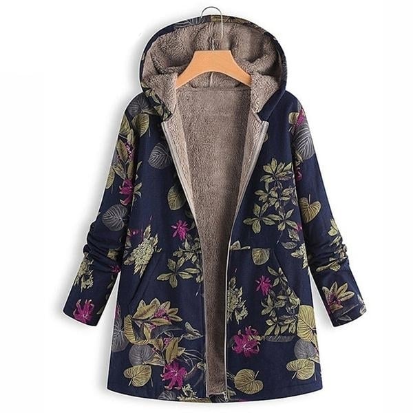 Womens Fashion Leaves Floral Print Fluffy faux Hooded Long Sleeve Vintage Casual Coat Image 2