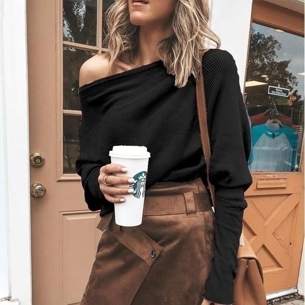 Womens Fashion Off Shoulder Long Sleeve Sweater Casual Long Sleeved Sweatshirt Top Image 1