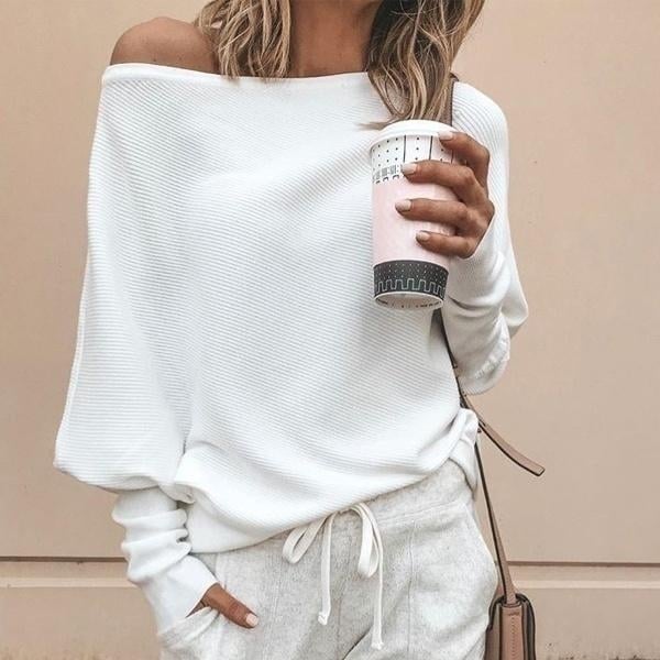 Womens Fashion Off Shoulder Long Sleeve Sweater Casual Long Sleeved Sweatshirt Top Image 4