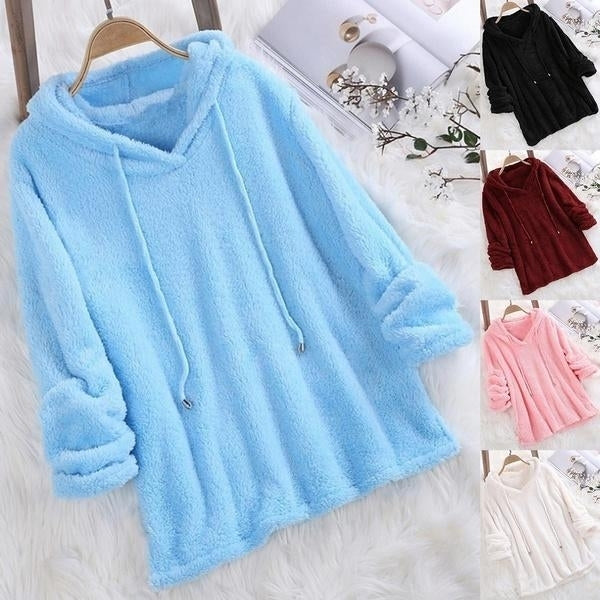 Womens Fleece Hoodie Solid Color Long Sleeve Sweatshirt Image 1