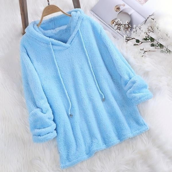 Womens Fleece Hoodie Solid Color Long Sleeve Sweatshirt Image 3