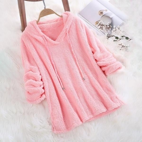 Womens Fleece Hoodie Solid Color Long Sleeve Sweatshirt Image 4