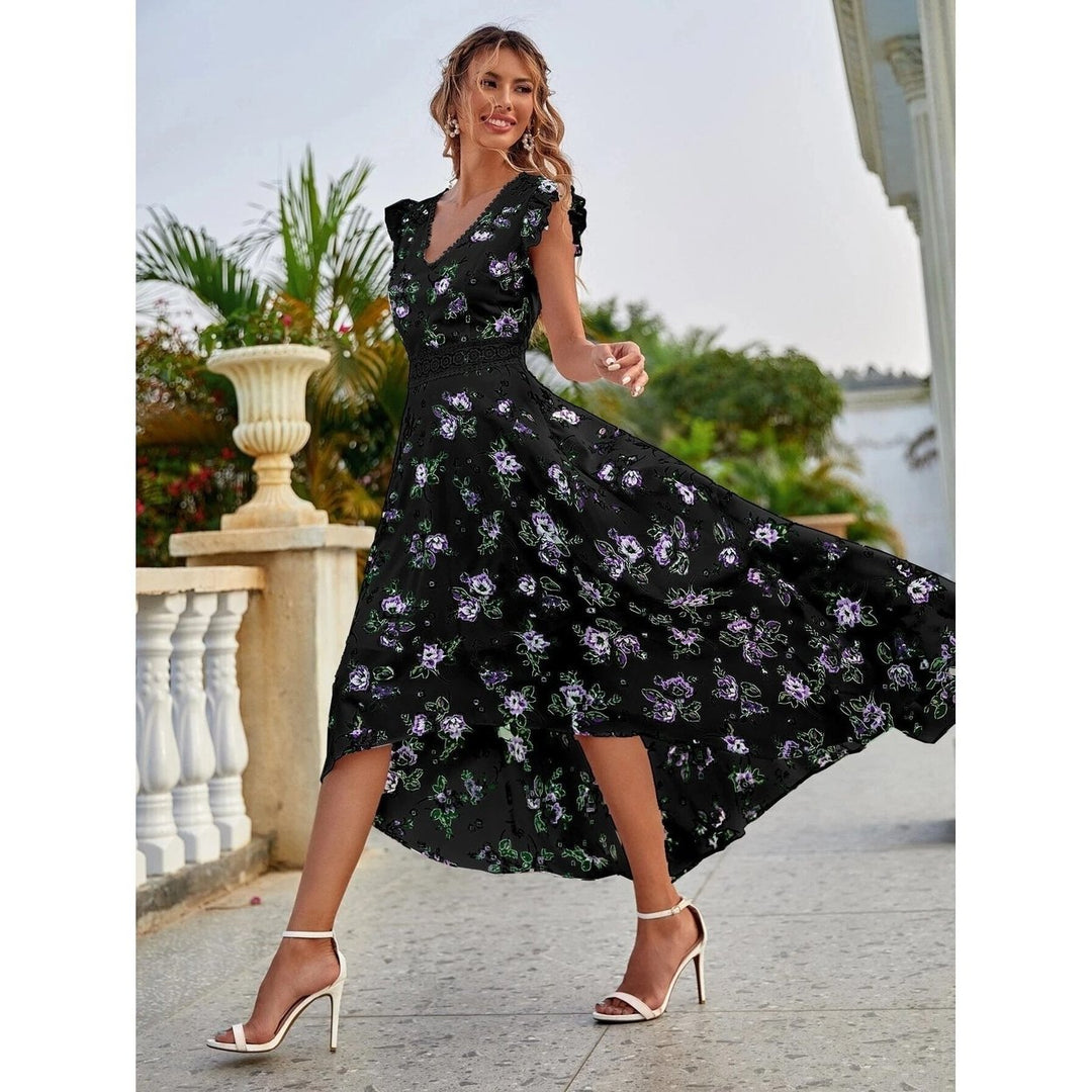 Womens Full Body Floral Print High Low Hem A-Line Dress Image 4