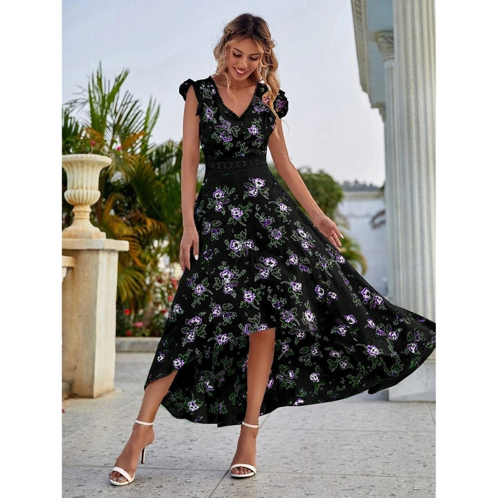 Womens Full Body Floral Print High Low Hem A-Line Dress Image 4