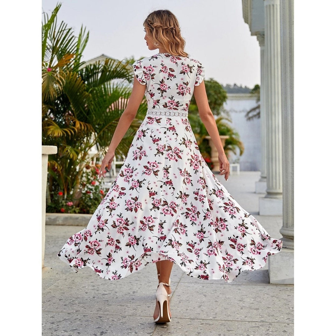 Womens Full Body Floral Print High Low Hem A-Line Dress Image 8