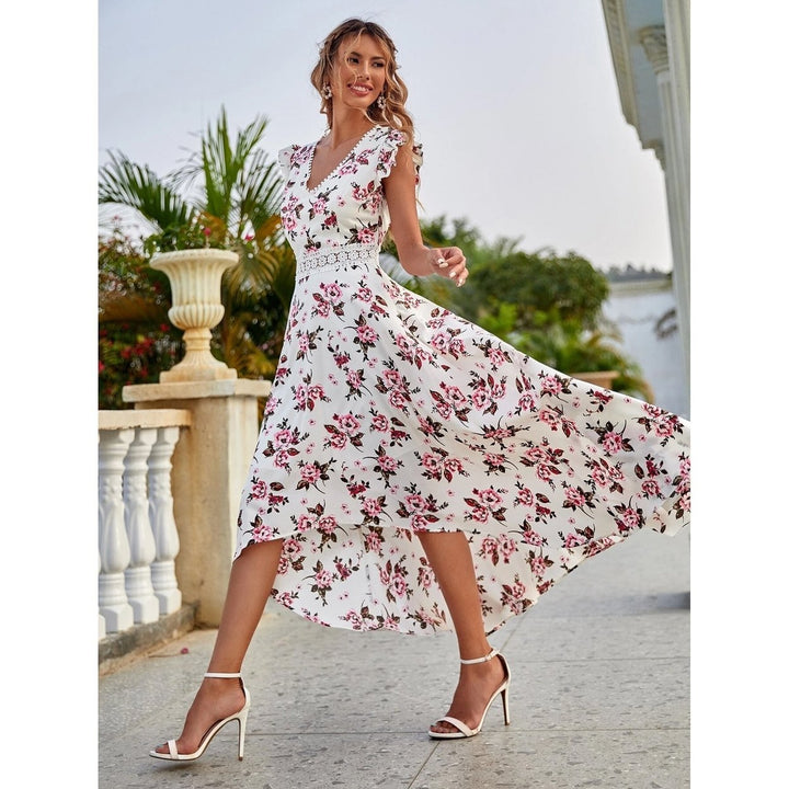 Womens Full Body Floral Print High Low Hem A-Line Dress Image 9